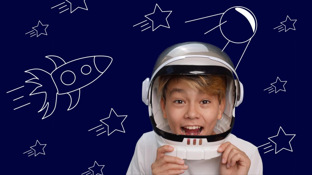 pexels-photo-7476135-7476135-1 Smiling child in an astronaut helmet with a space-themed background.