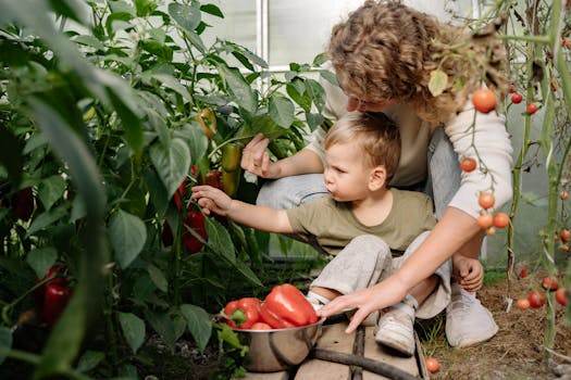 pexels-photo-5479041-5479041 A mother and her young son picking peppers and tomatoes in a lush greenhouse garden.