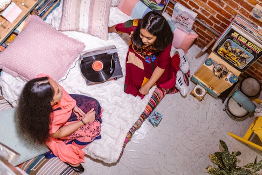 pexels-photo-7104243-7104243 Two girls enjoying music on a vinyl record player indoors. Perfect for creative lifestyle themes.