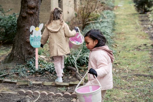 pexels-photo-7169575-7169575 Two children participating in a joyful Easter egg hunt in a spring garden, carrying colorful baskets.